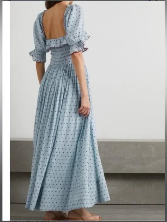 Doen Sol Blue RED Pol Ka Dot Ruffle Maxi Dress - Picture 3 of 8